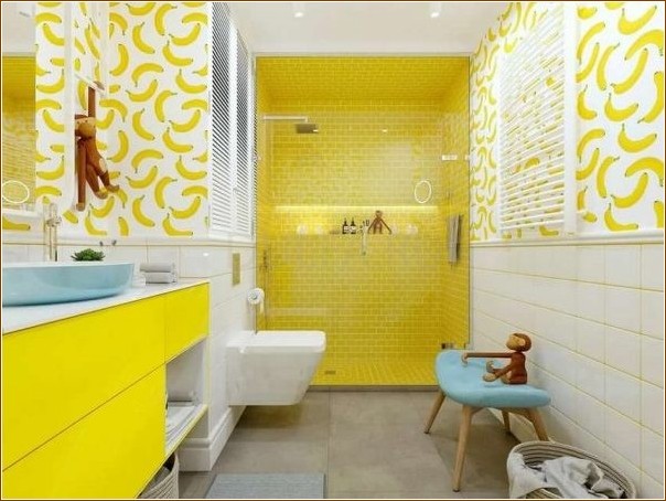 Как хорошо желтый вписывается в ванную комнату. Фото удачных решений